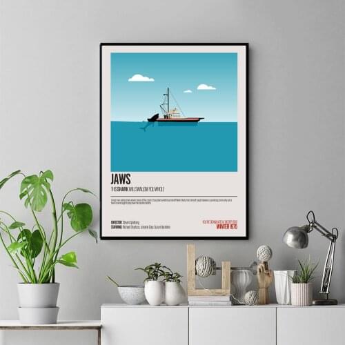 Jaws Canvas Painting, Retro Wall Art Picture , Minimalist Movie Poster,Sailing Blue Decor