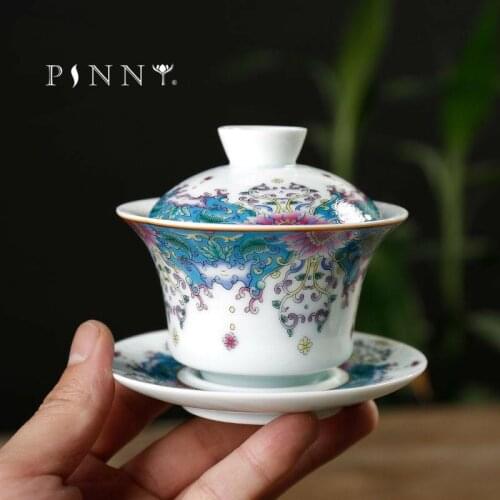 PINNY Color Enamel Gaiwan 130ml Ceramic Kung Fu Tea Cup Jingdezhen Porcelain High Quality Chinese Tea Service