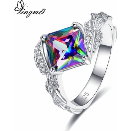 Lingmei Dropshipping Gorgeous Cocktail Princess MultiWhiteGreen Cubic Zircon Silver Color Ring Size 6-9 Jewelry