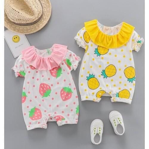 Cute Summer Baby Girl Rompers Cotton Fruit Strawberry Print Short Sleeve Turndown Collar Baby Romper Fashion Baby Clothes 0-18M