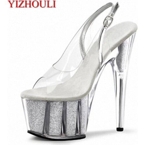 The 15cm ultra high heel fashion transparent crystal sandals, the summer new model wearing trendy outside Dance Shoes