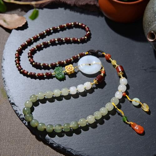S925 sterling silver gold plated Hetian jade Jasper Gray jade Ebony Amber Beeswax Retro Peace buckle Sweater chain Chain set
