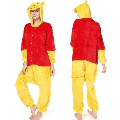 Unisex Kigurumi Adults Animal Pajamas Anime Onesie Winnie Bear Flannel Cartoon Cute Warm Cosplay Sleepwear