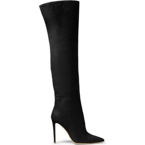 Drop Shipping blue pink black suede pointed toe boots stilettos heels over the knee thigh high boots womens shoes large size 45