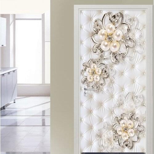 PVC Waterproof Wallpaper 3D Stereo Pearl Flower Door Sticker Mural European Style Soft Roll Door Poster Living Room Luxury Decal