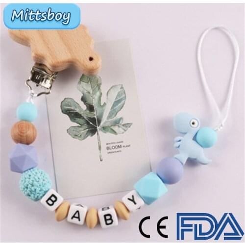 New 1Pcs Silicone Baby Pacifier Custom Personalised Name Silicone Pacifier Clips Natural beech dinosaur Silicone Crochet Beads