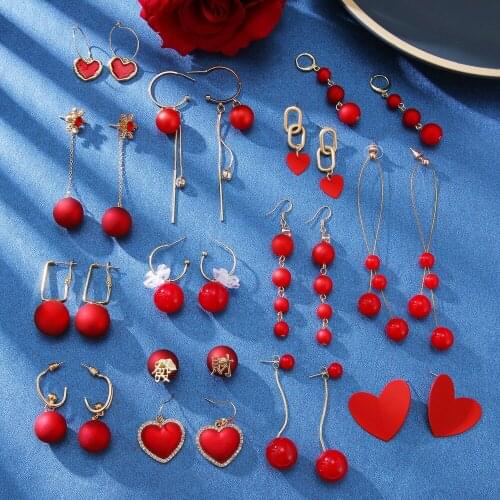 Red Colour Style Big Metal Beads Earrings Long Drop Earrings Women Party Statement Hanging Dangle Earrings Fashion Jewelry