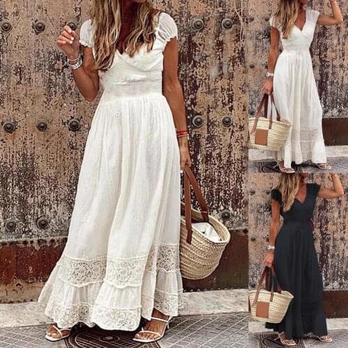 Loose Casual Female Sleeveless Long Dress Lace Stitching Casual Dress V Neck for Dating