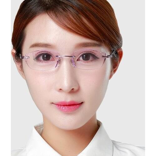 Titanium Prescription Glasses Women Rimless Eyeglasses Customized Bluelight Myopia Hyperopia Pink Reading Diamond Eyewear