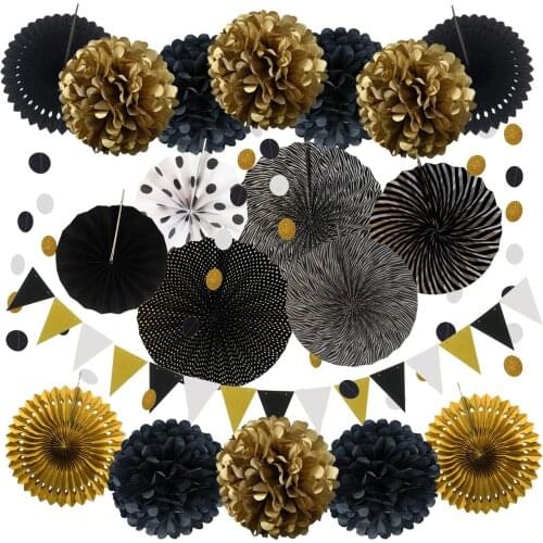 Halloween Party Decoration Supplies, Black Paper Pom Poms Flowers, Fan Ball, Triangle Streamer,Baby Shower Happy Birthday Party