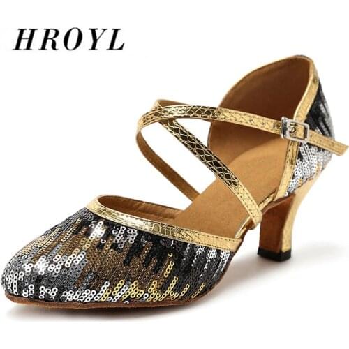 HROYL Womens dance shoes Latin Tango heeled ballroom dance shoes Sequins wedding party dancing wholesale 4.5-10CM