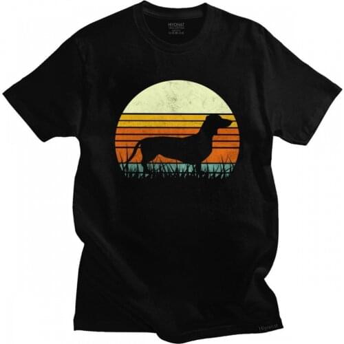 Unique Mens Dachshund Tshirt Short Sleeve Cotton T-shirt Leisure 70s Vintage Retro Sunset Dog Tee Shirt Loose Fit Tops Clothing