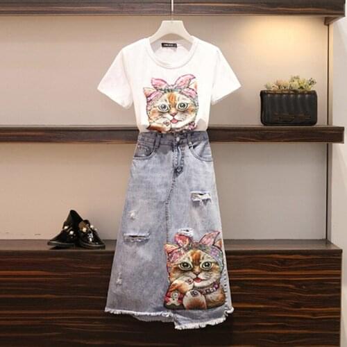 Women Cartoon T Shirts Jeans Suits Casual Short Sleeve Sequins Tshirt+Calf-Length Denim Skirts Sets For Ladies Woman L-4XL