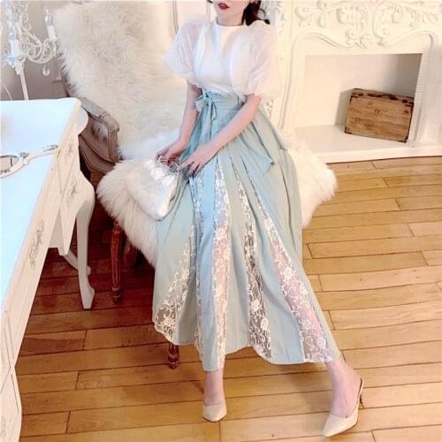 New Fashion 2021 Summer Women White Puff Sleeve Sweet Shirts + High Waist Patchwork A Line Lace Up Slim Skirt Sets Two Piece Sui