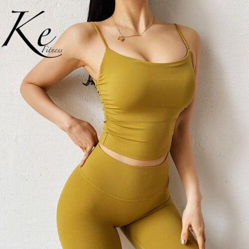 KE Nylon Spandex yoga fitness suit feminine waist folds with chest pads fitness nude camisole nude high waist sports set women
