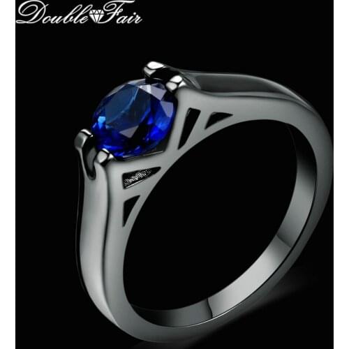 Double Fair Brand Blue Crystal Round Shape Rings Black Gold Color Fashion Brand Party Jewelry Simple Ring For Women Gift DFR621