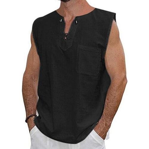 Summer Men Large Size Cotton and Linen Vest Shirt Vintage Bust Lace up Sleeveless T Shirt Solid Tops Tunic For Men 3XL 2021