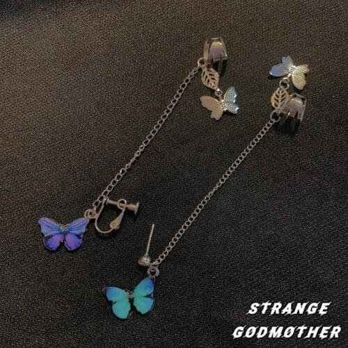 2021 New Korea Fashion Girl Cool Butterfly Earrings Earrings Earbone Clip One Ear Clip Colored Butterfly Ear Chain for Woman