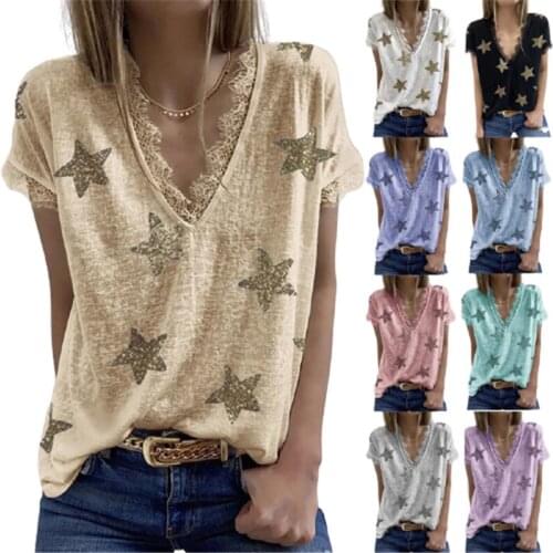 5XL Super Large Summer Womens T-shirt Sweet Lace Splicing Short Sleeve Top Loose Casual V-neck Pointed Star Printed T-shirt