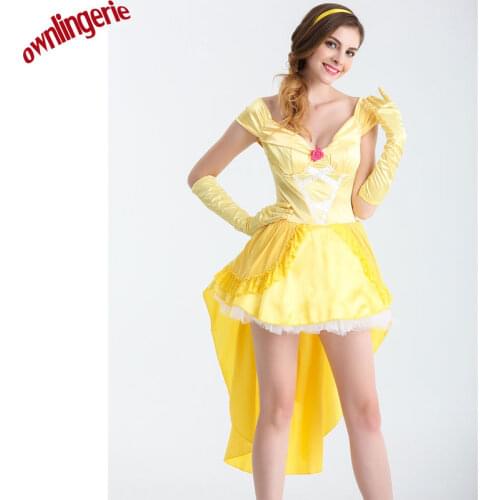 Free shipping Movie Adult Princess Belle cosplay Costume Yellow short fancy sexy Dress