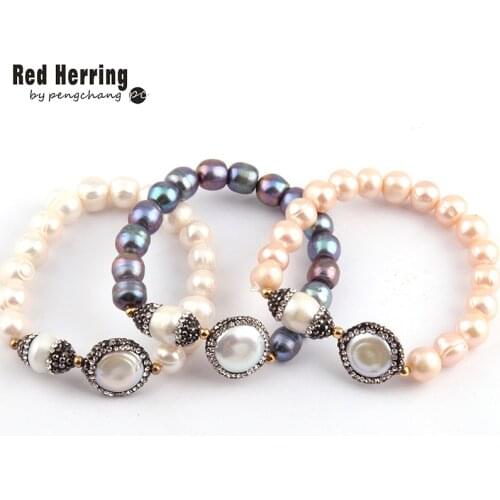 Free Shipping Fashion Oval & Flat Pearl Handmake Paved Freshwater Pearl Strand Bracelet