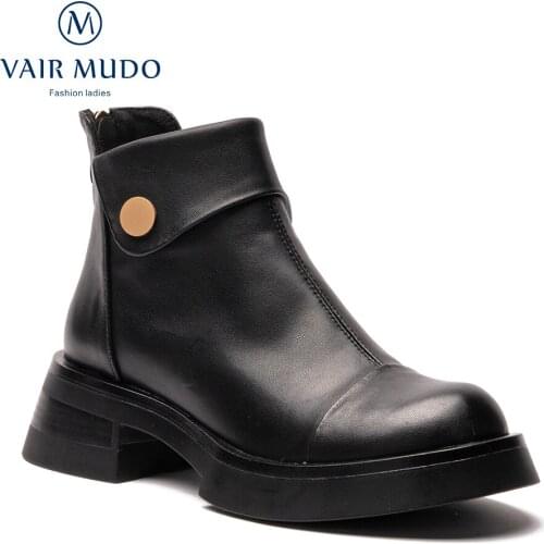 VAIR MUDO Ankle Boots Shoes Round Toe Spring Autumn Hoof Heels Autumn Winter Black Brown Thick Bottom Concise Shoes WM-X87-C