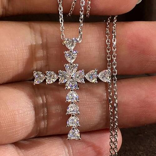 18K White Gold Women Pendants Necklaces Moissanite Diamond 0.2 Carat Each Heart Cross Wedding Anniversary Engagement Party Gift