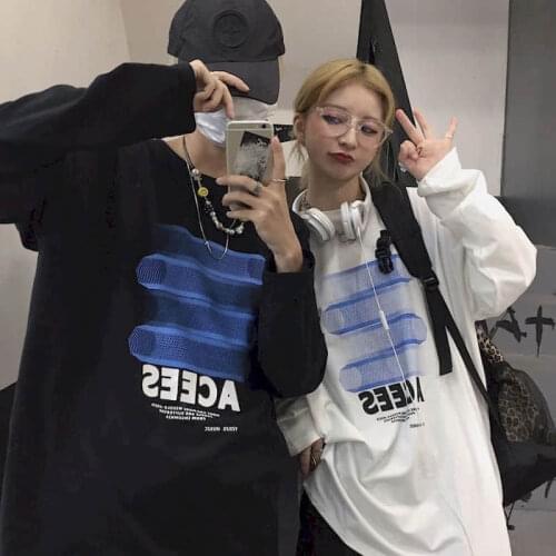 Tshirt women t shirt couple Korean dark hip-hop letter printing trend long-sleeved couple T-shirt student bottoming shirt
