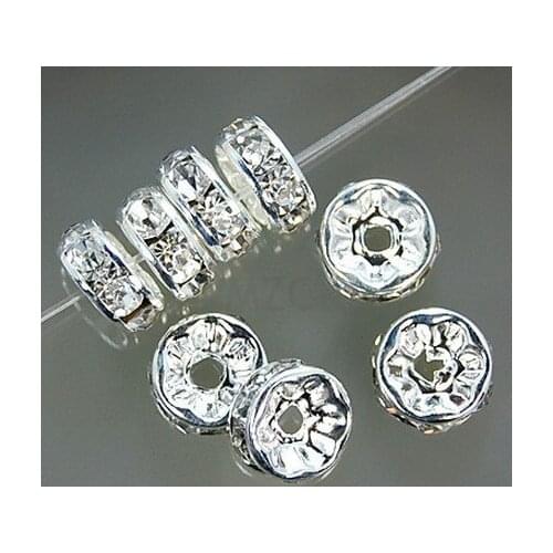 Hot 6mm Frhrt3ing+Gift White Crystal Rhinestone Rondelle Spacer, Silver Plated DIY Loose beads Jewelry findings Wholesale