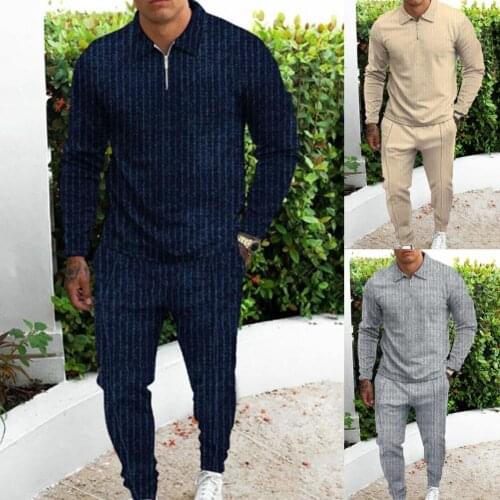 Sweat Absorption Stylish Long Sleeve Stripe Sports Suit Mid Waist Top Pants Suit Lapel for Outdoor Mens Sweatusuit Men Tracksuit