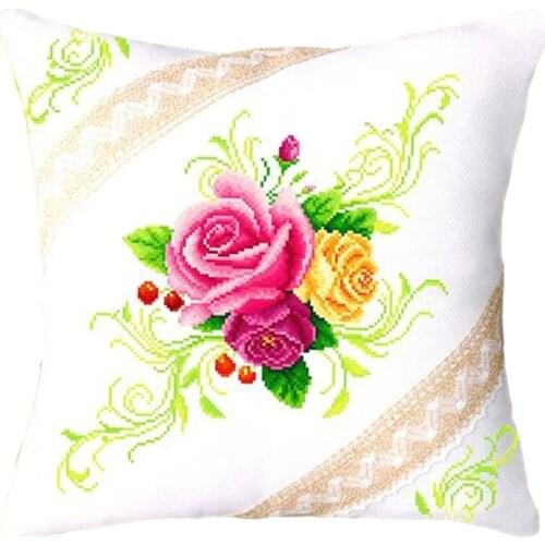Beautiful Flowers Red Rose Abstract Floral Cushion Cover Stamped Cross Stitch Throw Pillow Kit, 18.1inches