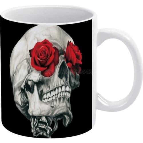 Rose Eye Skull White Mug White Ceramic Tea Cup Birthday Gift Milk Cups and Mugs Rose Roses Red Flower Flowers Skull Skeleton Dea