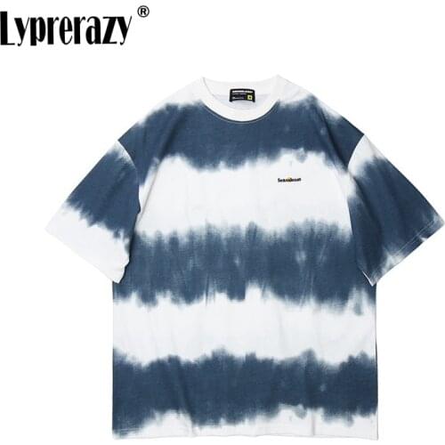 Lyprerazy Men Stripe Tie-Dye Hip-hop Streetwear O-Neck T-shirts Harajuku Male Tops Unisex Loose Mans Casual Tee Shirts
