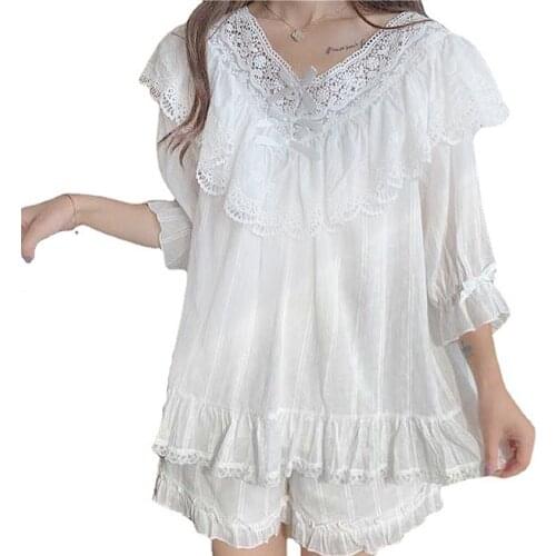 Girl Sweet Suit Sleepwear Short Sleeves And Shorts Pajamas Sleepshirt Lace Women Summer Short-sleeved White Casual Nightwear