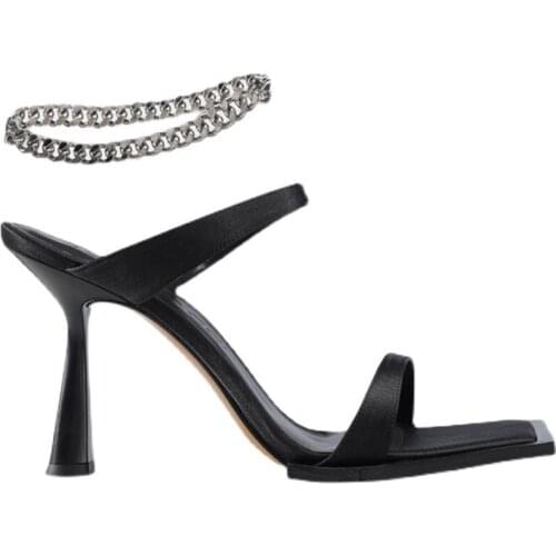 High Heels 2021 New Summer Square Open Toe Sandals Slipper Metal Chain Ankle Strap Stiletto Roman Style Womens Party Shoes