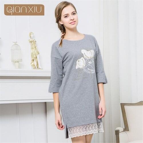 Qianxiu Autumn Casual Nightgown Flowers Lace Night Dress Girls Underwear Nightdress Sleep Lounge Womens Cotton Nightwear