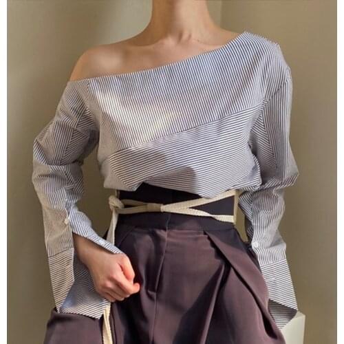 GLODTAOS Autumn Oblique Collar Off Shoulder Irregular Loose Split Long Sleeve Striped Shirt Top Women
