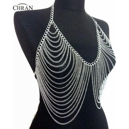 Chran Women Sexy Harness Necklace Chain Rave Bralette Belly Waist Bikini Wear Beach Bra Coachella EDM Festival Jewelry CRBJ902
