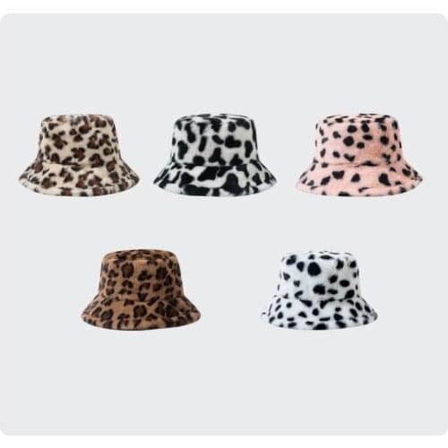 2021 Winter Cow Leopard Print Faux Fur Plush Bucket Hats for Women Outdoor Warm Sun Hat Soft Fisherman Cap Lady Fashion Panama