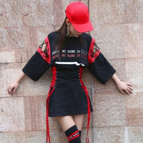 T-Shirt Dress Loose Waist Tie Blouse Skirt Women Hip Hop Jazz Dance Costume Top Rave Outfit Nightclub Dj Stage Wear XS1752