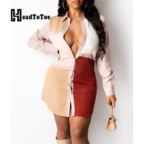 Colorblock Buttoned Long Sleeve Casual Shirt Dress Women Turn Down Collar Mini Work Dress