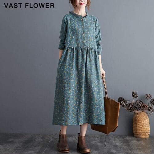 Cotton Linen Vintage Floral Dresses For Women Ruffled Collar Long Sleeve Loose Casual Dress Elegant Clothes Spring Autumn 2021