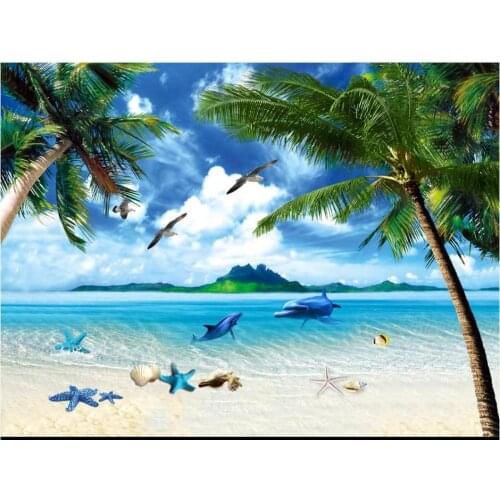 Custom ceiling wallpaper for walls 3 d ceiling zenith mural Blue sky and white clouds beautiful sea tree dolphin background wall