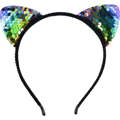 Reversible Sequin Cat Ears Headband Shiny Cat Ear Hairbands Bling Hairband Hair Accessories for Women Girls Party Performance