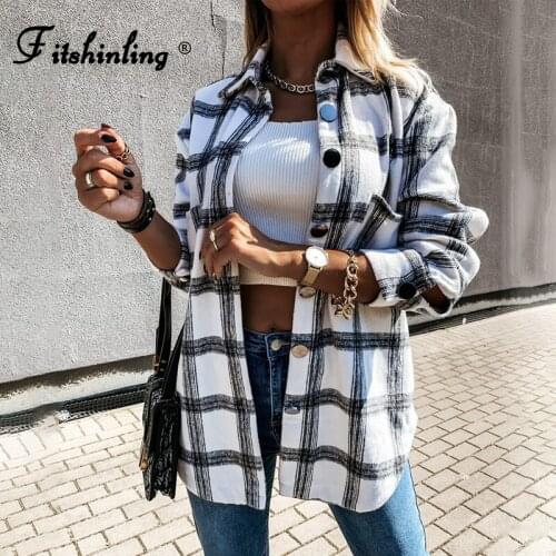 Fitshinling Fashion New Oversized Shirt Female BF Style Plaid Checker Vintage Blusas Mujer Buttons Pockets Autumn Blouses Women