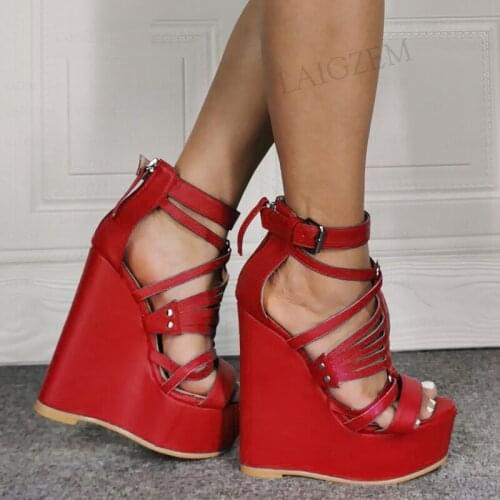 SEIIHEM SUPER Women Platform Wedges Pumps Strappy Open Toe Back Zip Sandals Female Footwear Shoes Woman Big Size 42 43 47 52
