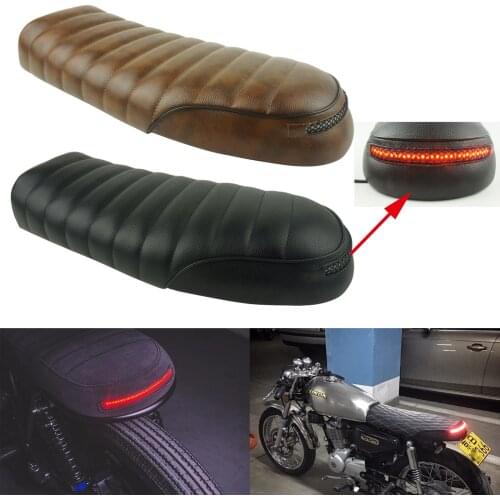 Vintage Flat Brat Seat Cafe Racer Saddle Motorcycle Retro Scrambler Cushion with LED Brake Turn Singal Light for Vintage Bike