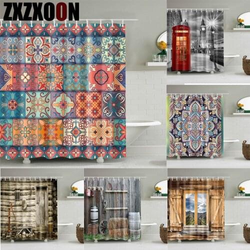 Vintage Style Wooden House Door Mandala Geoometric Bathroomo Shower Curtain Set Bath Curtain with Hooks