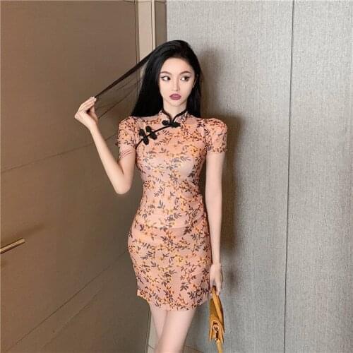 ZC3091 2021 new Summer women fashion slim printing cheongsam sexy wraps buttocks temperament dress cheap wholesale
