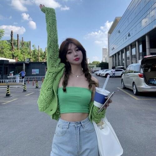 Green Knitted Two-piece Set Hollow Out Cardigan Casual Cropped Camisole Short Tops Long Sleeve Ribbed Coat Spring and Fall Suits